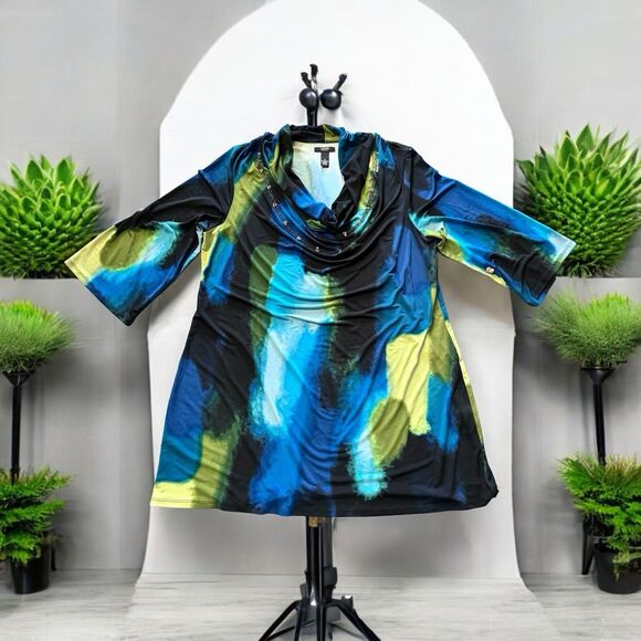 Alfani Womens Swing Tunic Blouse Jewel Toned Watercolor Abstract 2X - Picture 1 of 10
